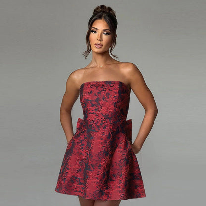 Damen Abendkleid Champagnerfarben Schulterfrei Minikleid Schleife