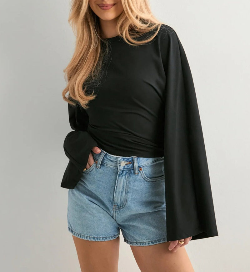 Damen Cropped Langarmshirt Weite Ärmel Norvielle
