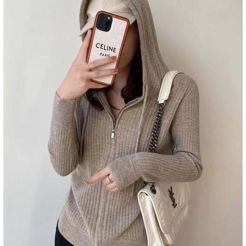 Damen Strickjacke mit Kapuze Rippstruktur Norvielle