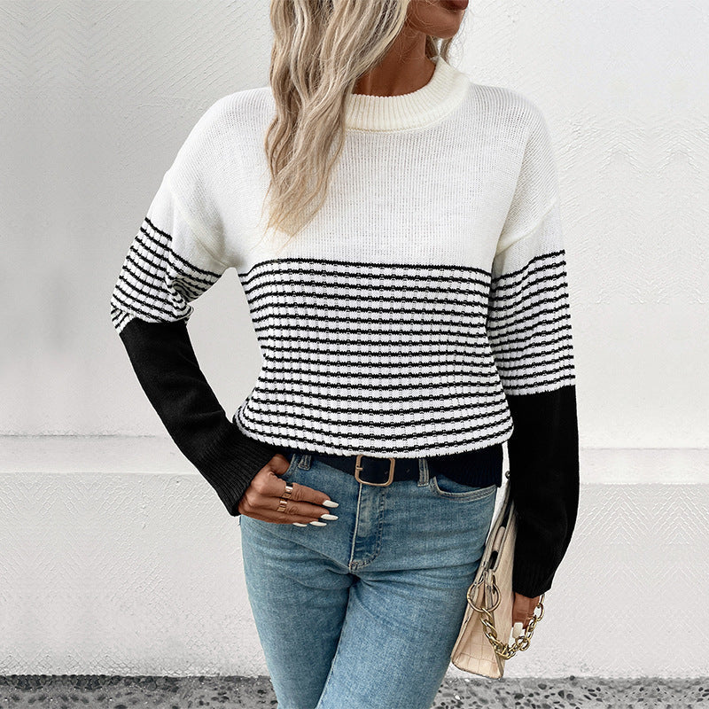 Damen Strickpullover Lässig Weit Gestreift Beige