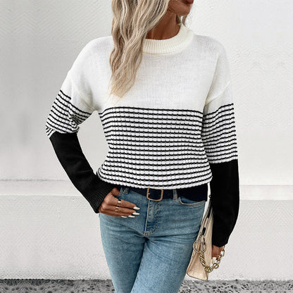 Damen Strickpullover Lässig Weit Gestreift Beige