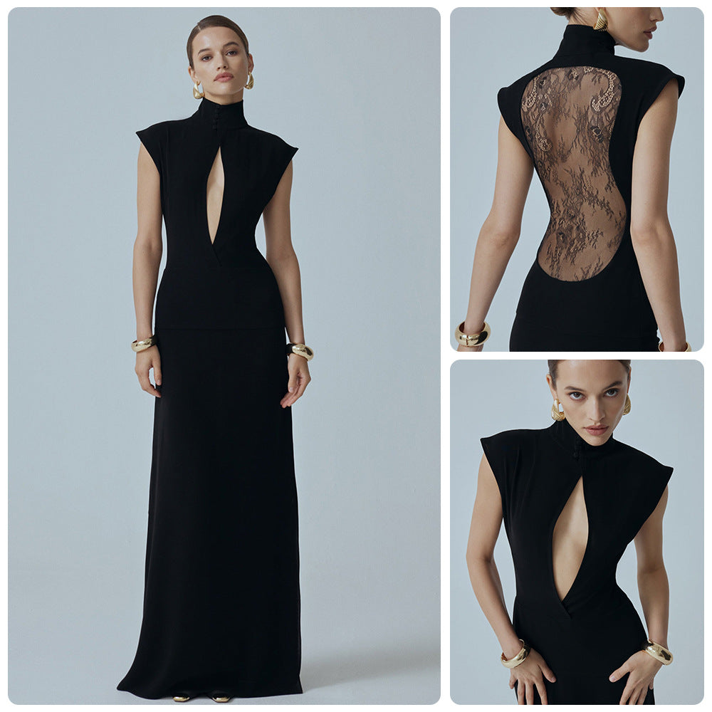 Damen Minikleid Spitzenbesatz Glamour Ärmel Schwarz - Norvielle