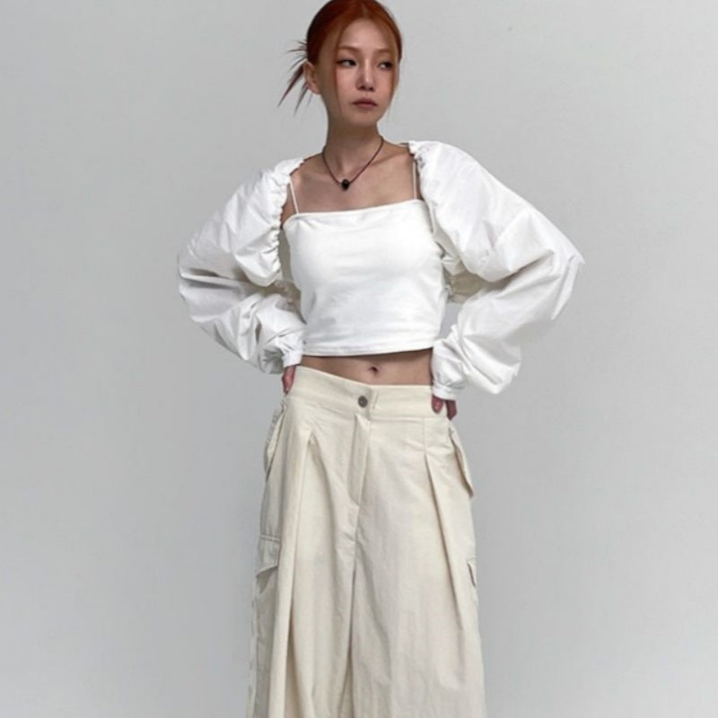 Damen Cropped Langarmbluse Rüschen Norvielle
