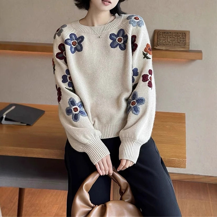 Damen Strickpullover Elegantes Floralmuster Lässiger Schnitt - Norvielle