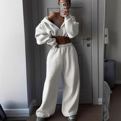 Damen Sportswear Set Cropped Sweatshirt High-Waist Jogginghose Grau