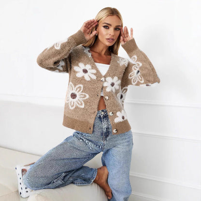 Damen Strickjacke Floralmuster Knöpfe Beige