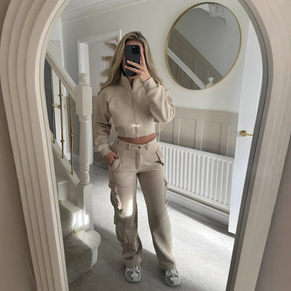 Damen Cropped Jacken Set Cargo Hosen Norvielle