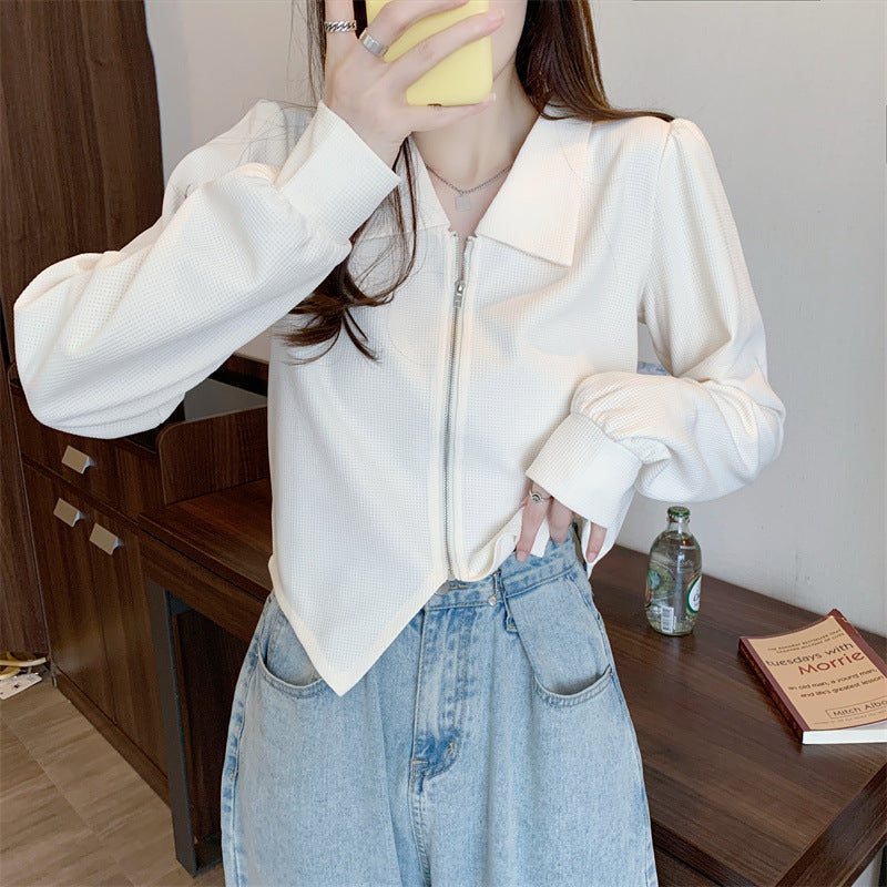 Damen Cropped Jacke Reißverschluss Eleganter Kragen Schwarz - Norvielle