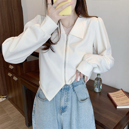 Damen Cropped Jacke Reißverschluss Eleganter Kragen Schwarz - Norvielle