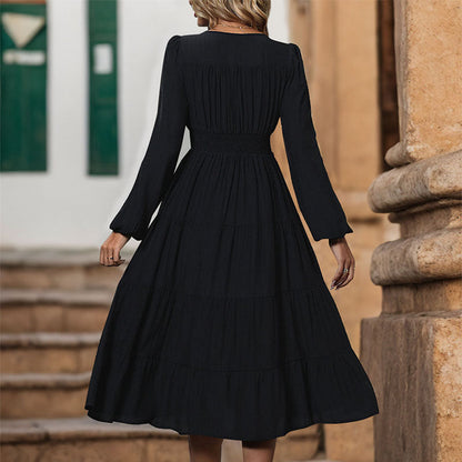 Damen Midi-Kleid Wickelkleid mit Knöpfen schwingend