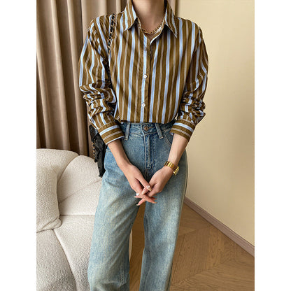 Damen Bluse Streifenmuster Eleganter Kragen Weiß