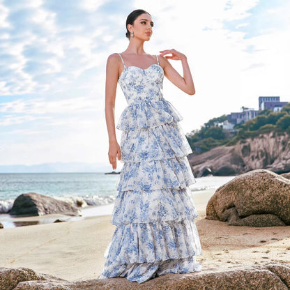 Damen Maxikleid Boho-Stil mit Blumenmuster und Herz-Ausschnitt