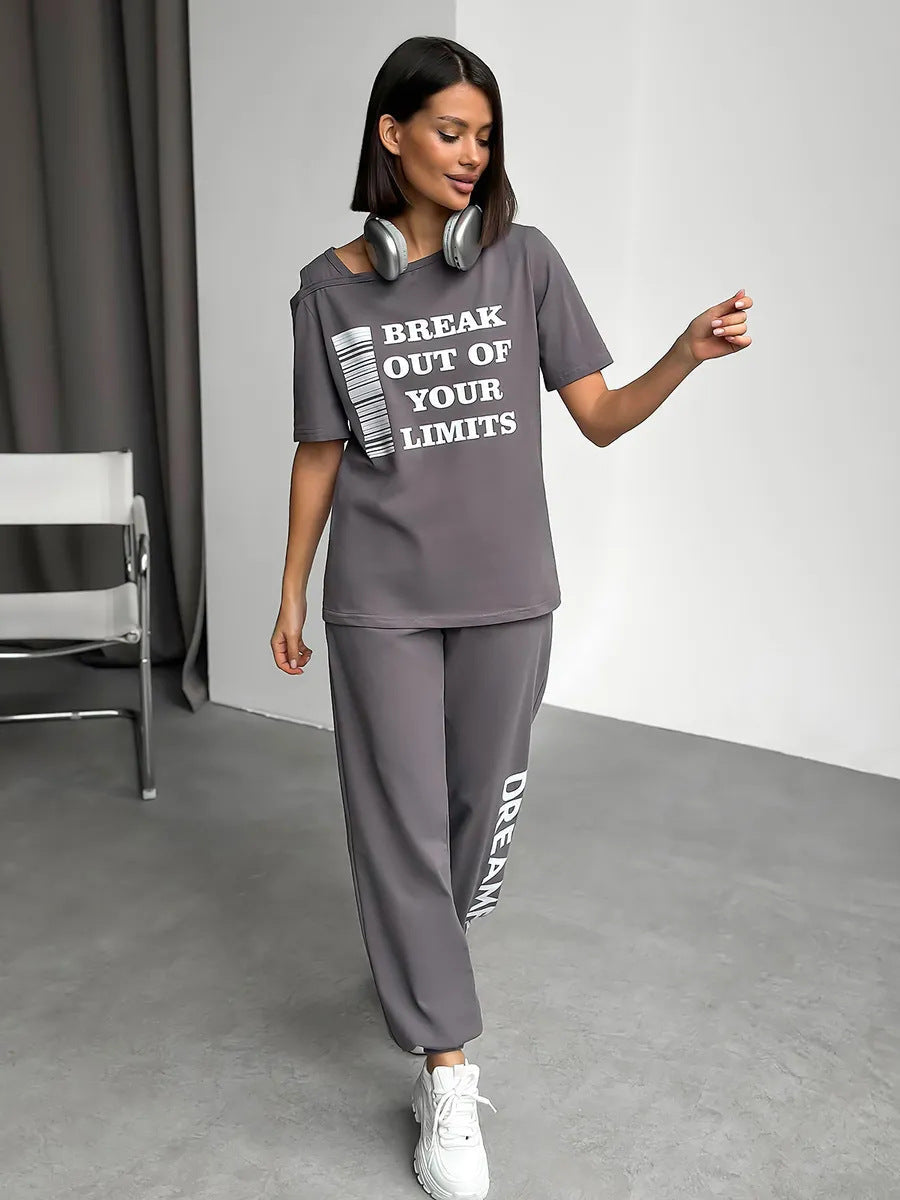 Damen Lounge-Anzug Sportlich Cut-Out-Ärmel Statement-Druck