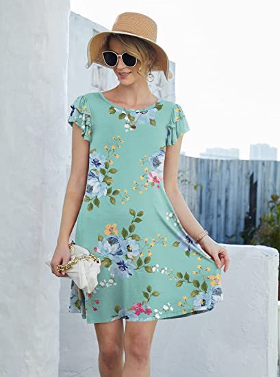 Damen Sommerkleid Blumenmuster Rüschendetails schwingender Rock