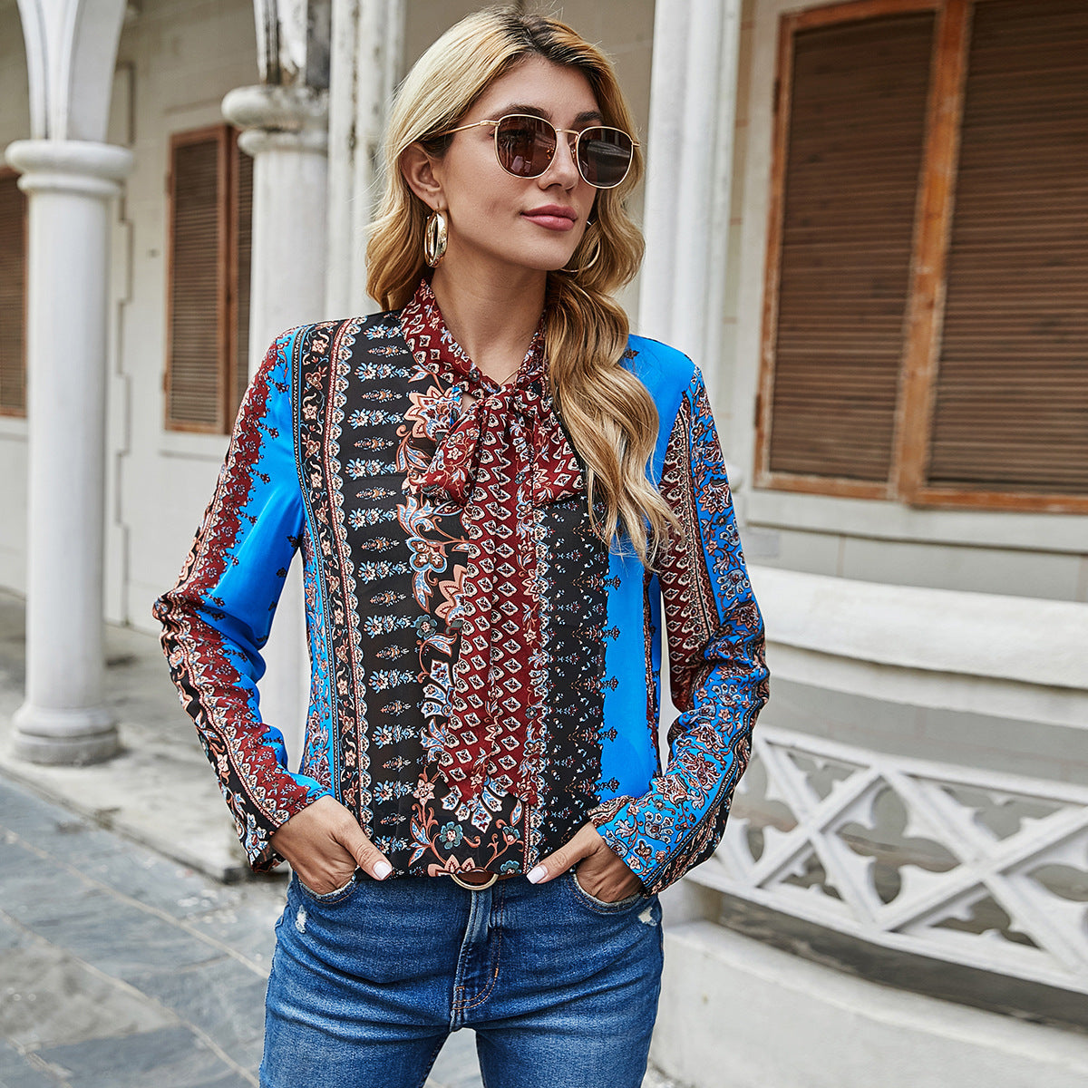 Damen Bluse Rüschendetails Kontrastmuster Norvielle