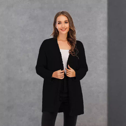 Damen Strickjacke Offener Schnitt Große Taschen Kuschelig Beige