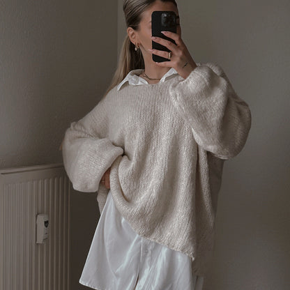 Damen Oversized Pullover Weich Voluminöse Ärmel Beige - Norvielle