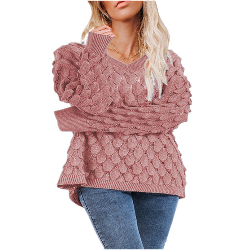 Damen Grobstrickpullover V-Ausschnitt Wellenmuster Norvielle