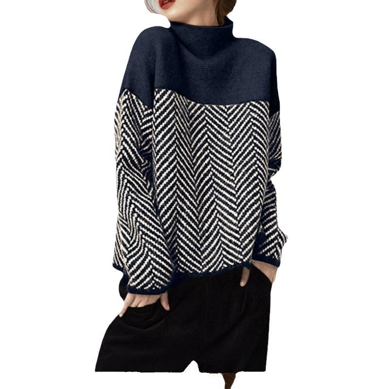 Damen Grobstrickpullover Hochgeschlossener Kragen Chevron-Muster
