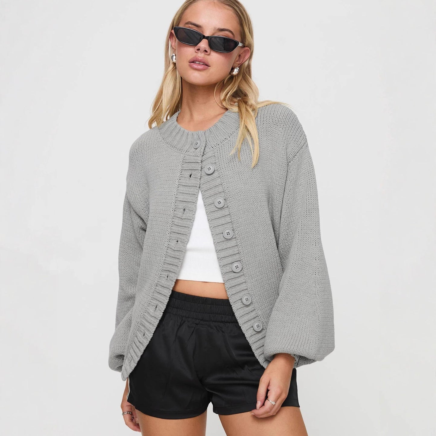 Damen Strickjacke Voluminöse Ärmel Dekorative Knöpfe Norvielle