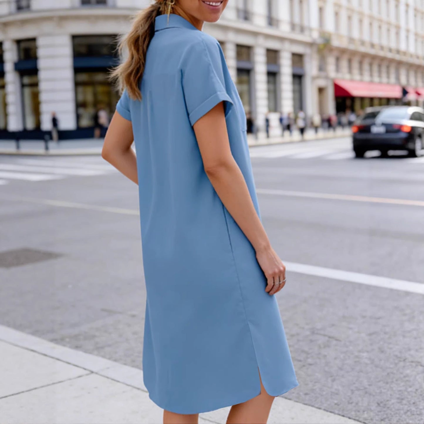 Damen Baumwollkleid mit Knöpfen und Taschen Norvielle