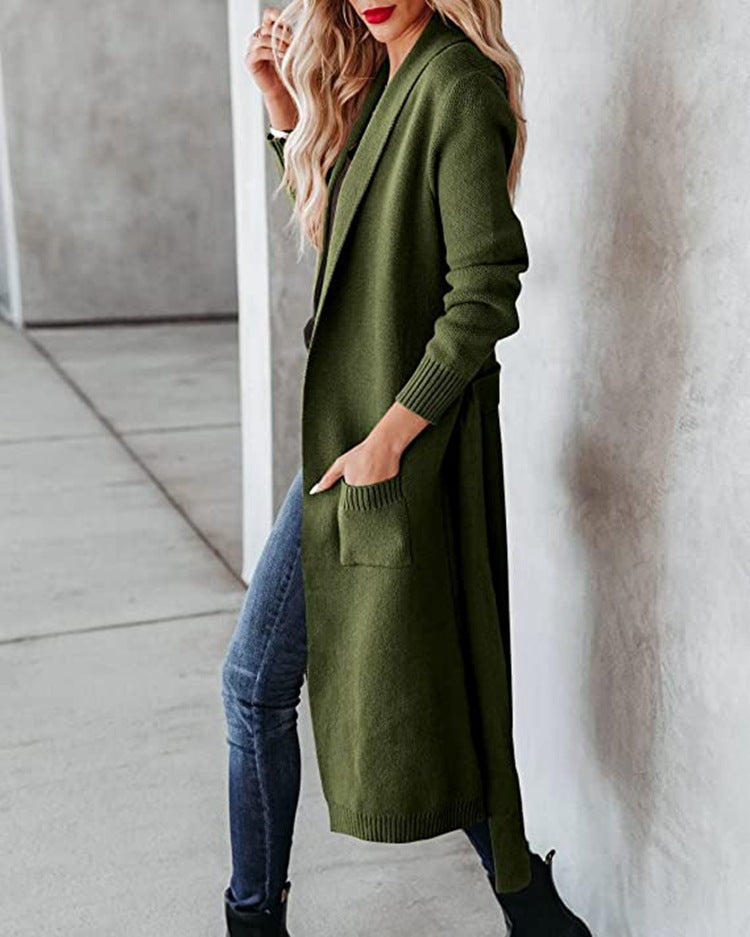 Damen Wickelcardigan Grobstrick Modern mit Taschen Beige