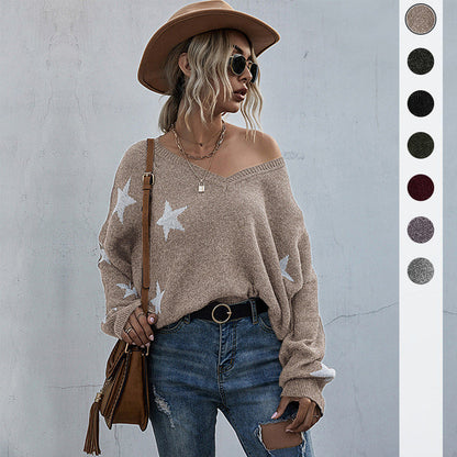 Damen Oversize Pullover Sternenmuster V-Ausschnitt Beige - Norvielle