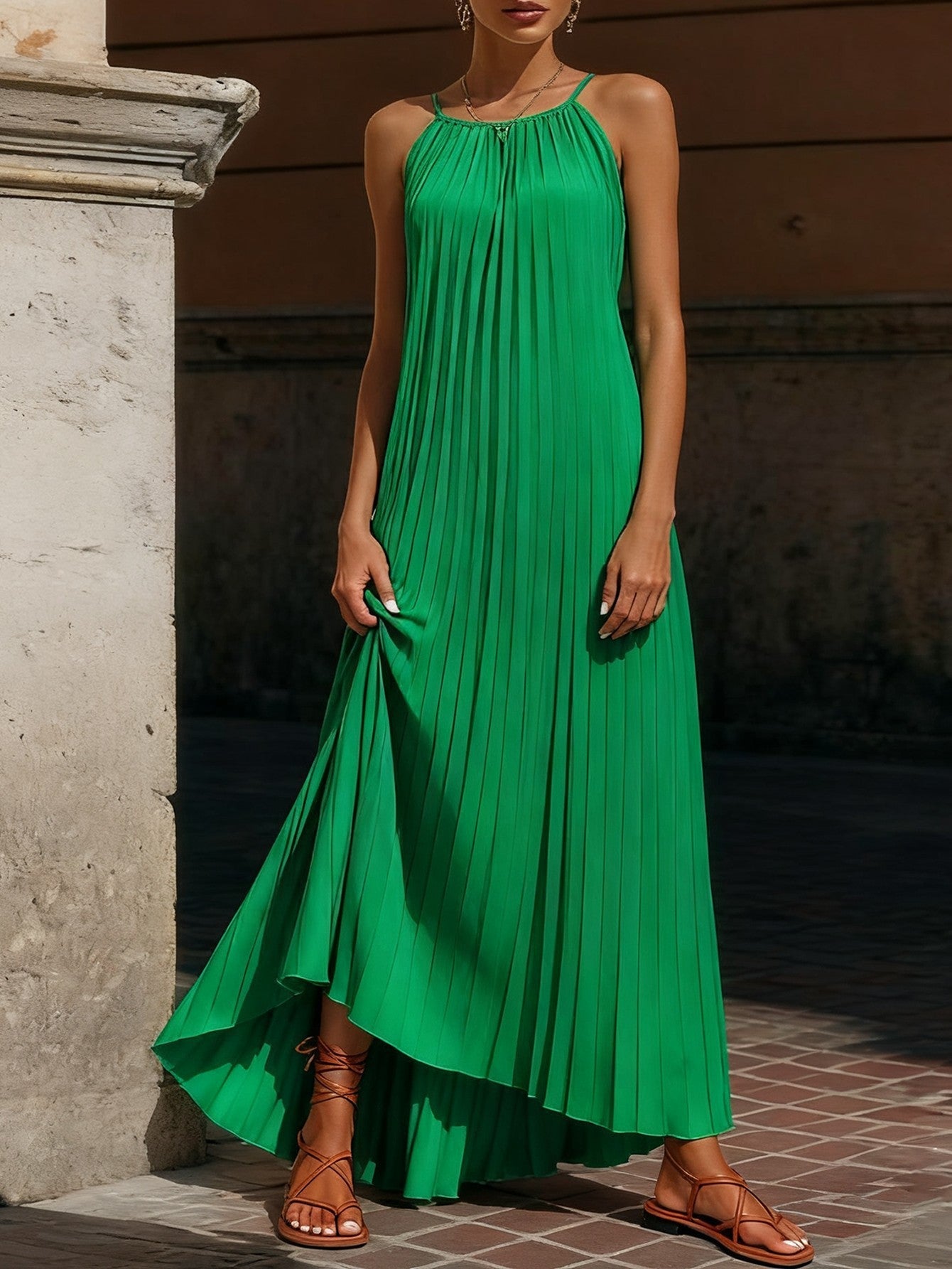 Damen Maxikleid Plissiert Verstellbare Träger Norvielle