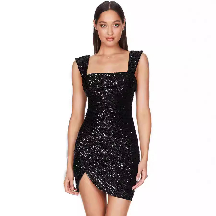 Damen Mini-Kleid Glitzernd Asymmetrisch Figurbetont - Norvielle