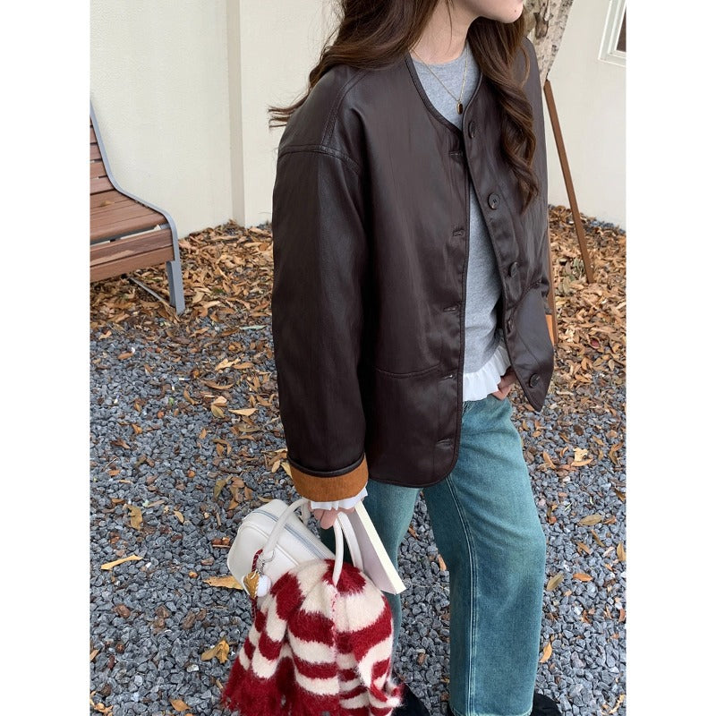 Damen Lederjacke Kariertes Futter