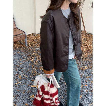 Damen Lederjacke Kariertes Futter