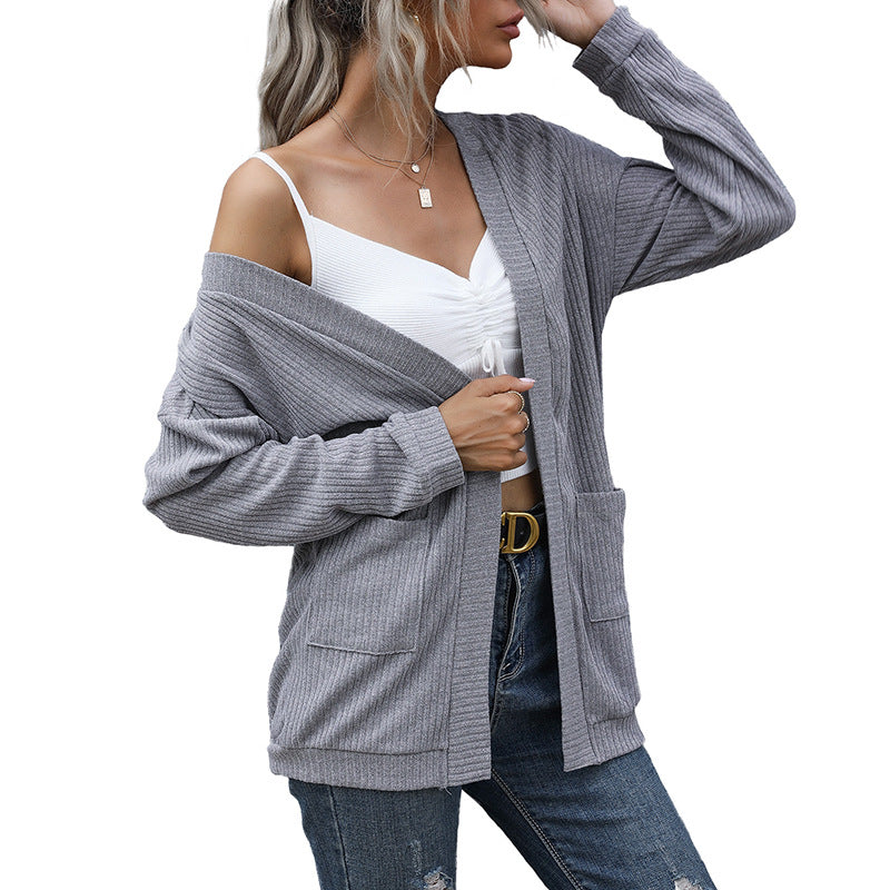 Damen Strickjacke Mit Taschen Offener Schnitt Beige