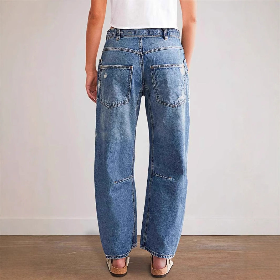 Damen Baggy Jeans Destroyed Vintage Look Cargo Taschen