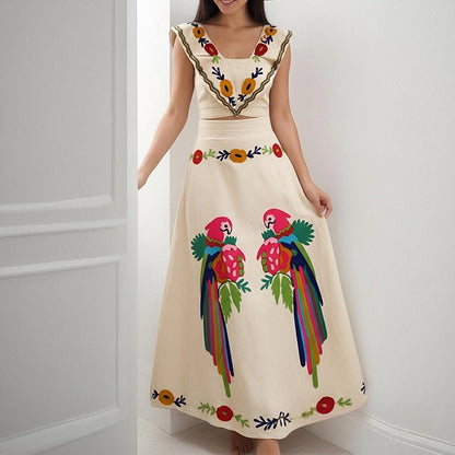 Damen Maxikleid mit Stickmuster und Volantärmeln Norvielle