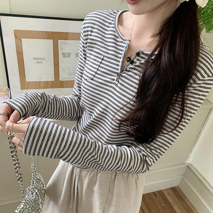 Damen Langarmshirt Streifenmuster Baumwolle Weiß