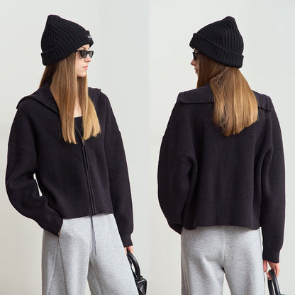 Damen Cropped Strickjacke Kapuze Reißverschluss Norvielle