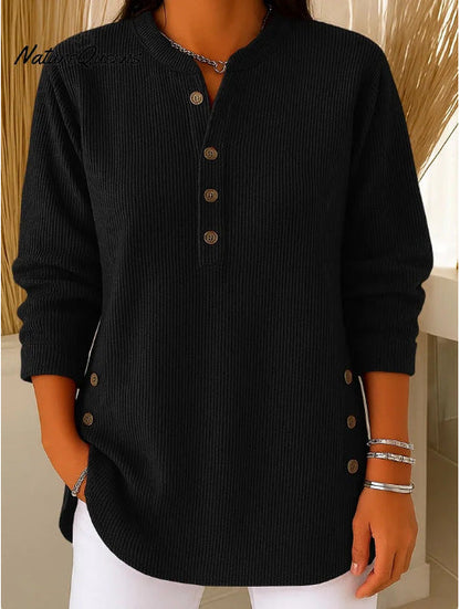 Damen Langarmshirt Knopfleiste Seitenknöpfe Modern Norvielle