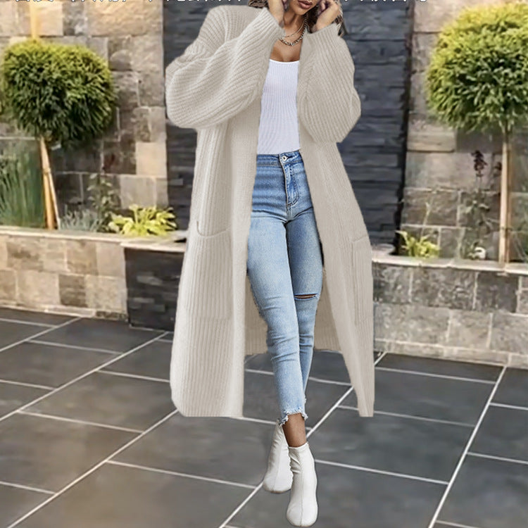 Damen Grobstrick-Cardigan Offenes Frontdesign Mit Taschen Beige