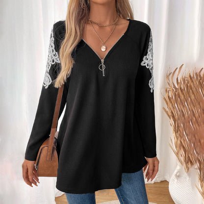 Damen Langarmshirt mit Reißverschluss und Spitze Norvielle