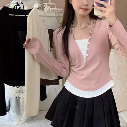 Damen Langarmshirt Moderner Knopfleistentwurf Baumwolle Weiß - Norvielle