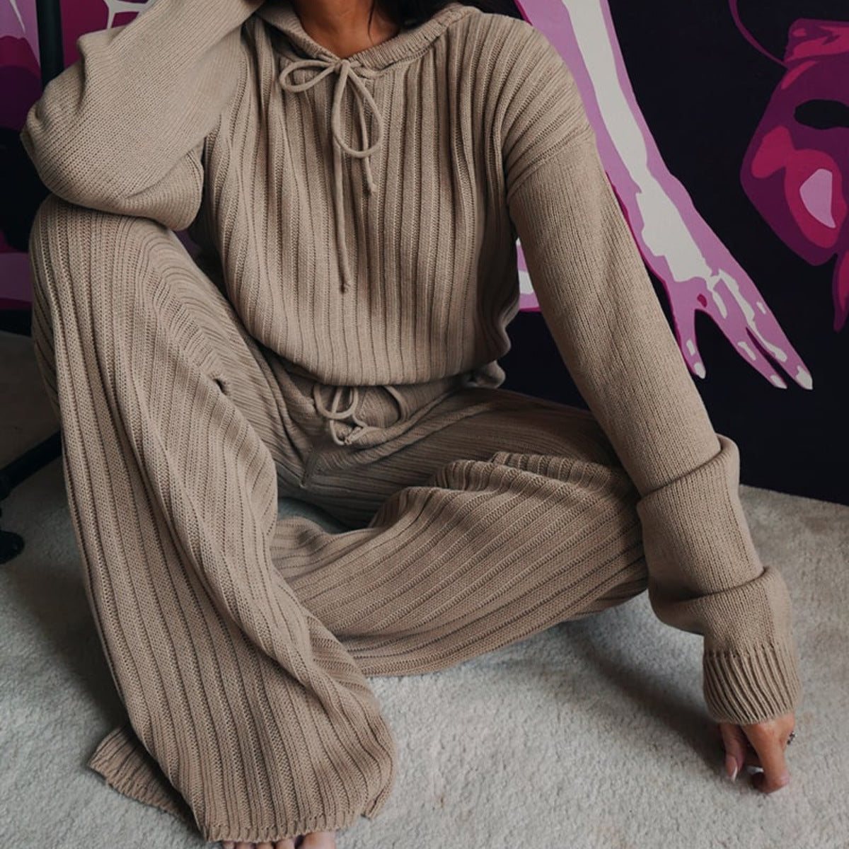 Damen Strick-Loungewear-Set Kapuze Weitschnitt Norvielle