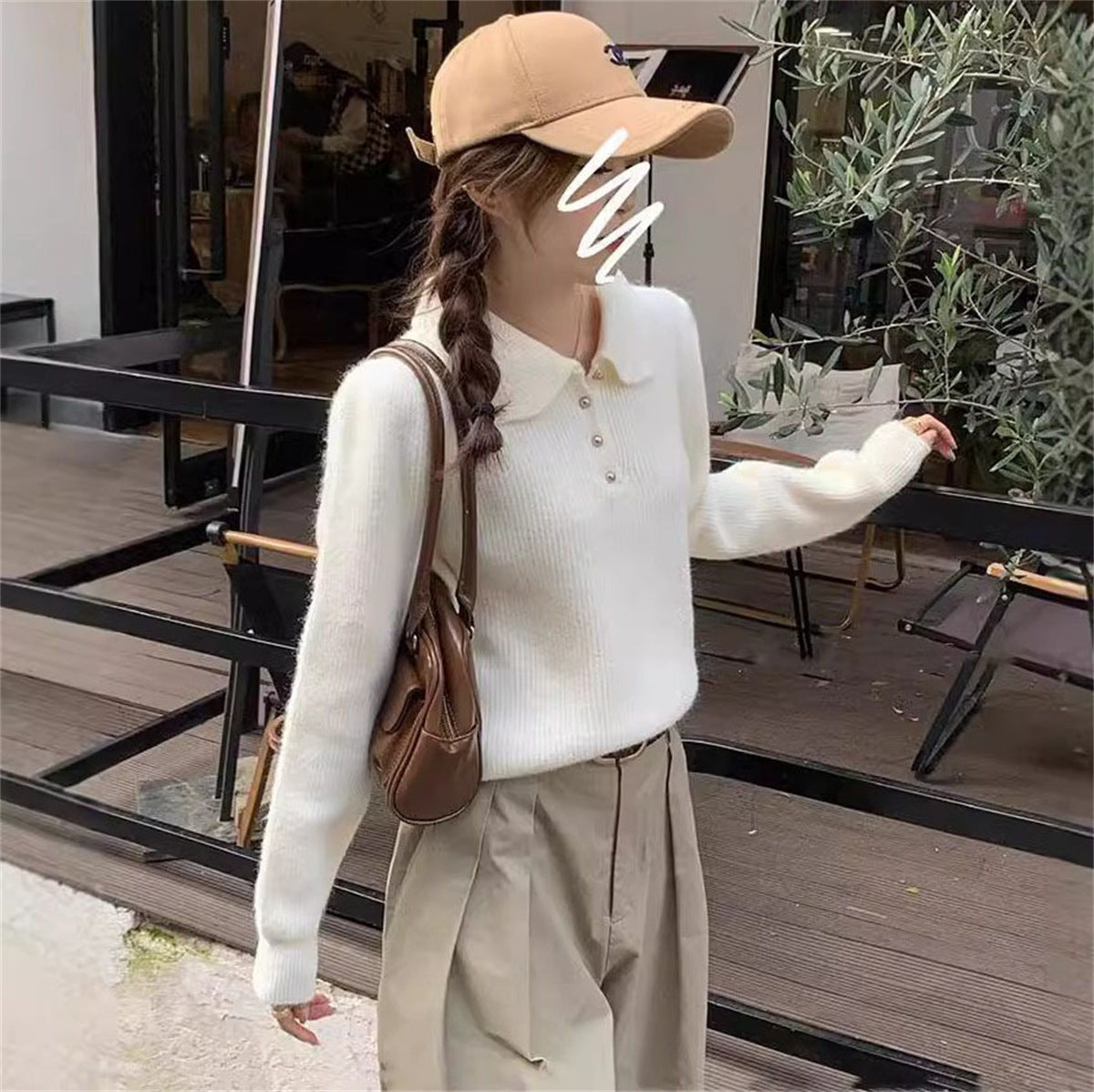 Damen Pullover Strukturiert Polo-Kragen Knöpfe Beige
