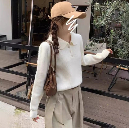 Damen Pullover Strukturiert Polo-Kragen Knöpfe Beige