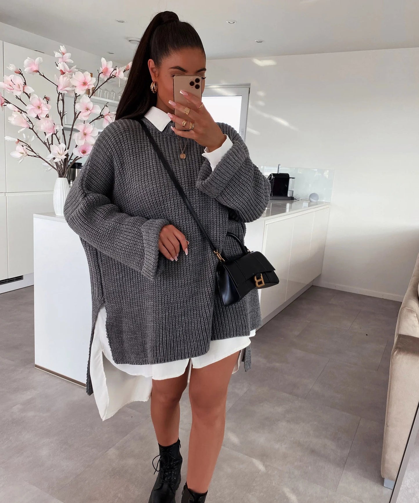 Damen Strickpullover Oversized Lässiger Schnitt Weite Ärmel Norvielle