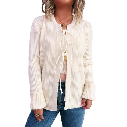 Damen Strickjacke Norvielle Breite Ärmel Kordelzug Beige