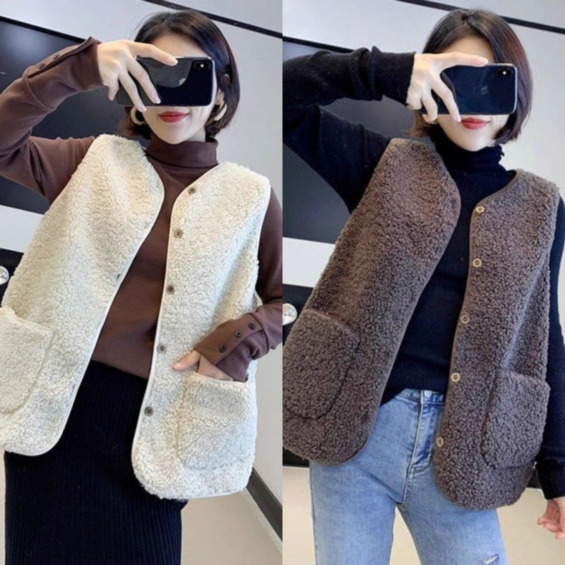 Damen Fleeceweste Teddylook mit Taschen und Knöpfen Beige - Norvielle