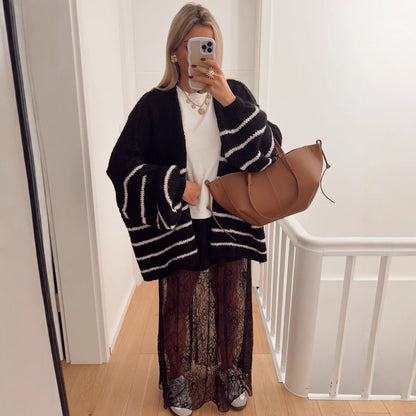 Damen Strickjacke Streifenmuster Weite Ärmel Beige