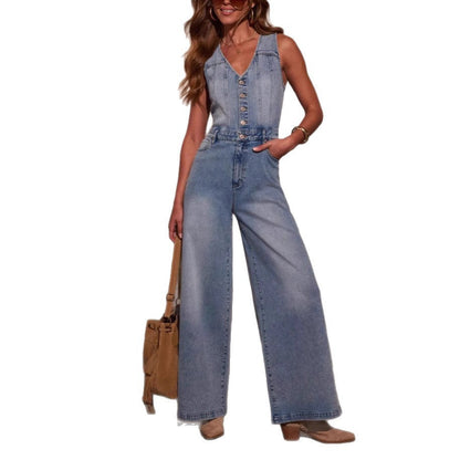 Damen Denim-Jumpsuit Hochtailliert Knöpfe