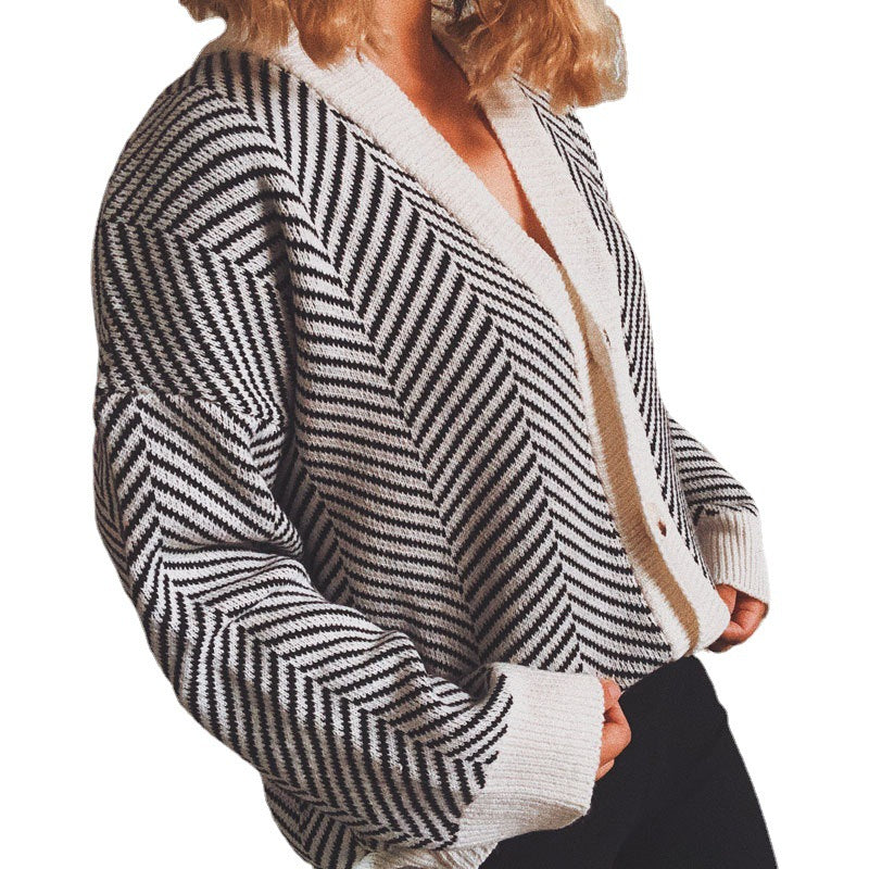 Damen Strickjacke Chevron Muster Knopfverschluss Norvielle