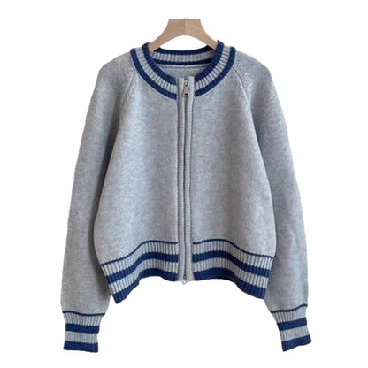Damen Strickcardigan Sportlich Reißverschluss Gestreift Grün